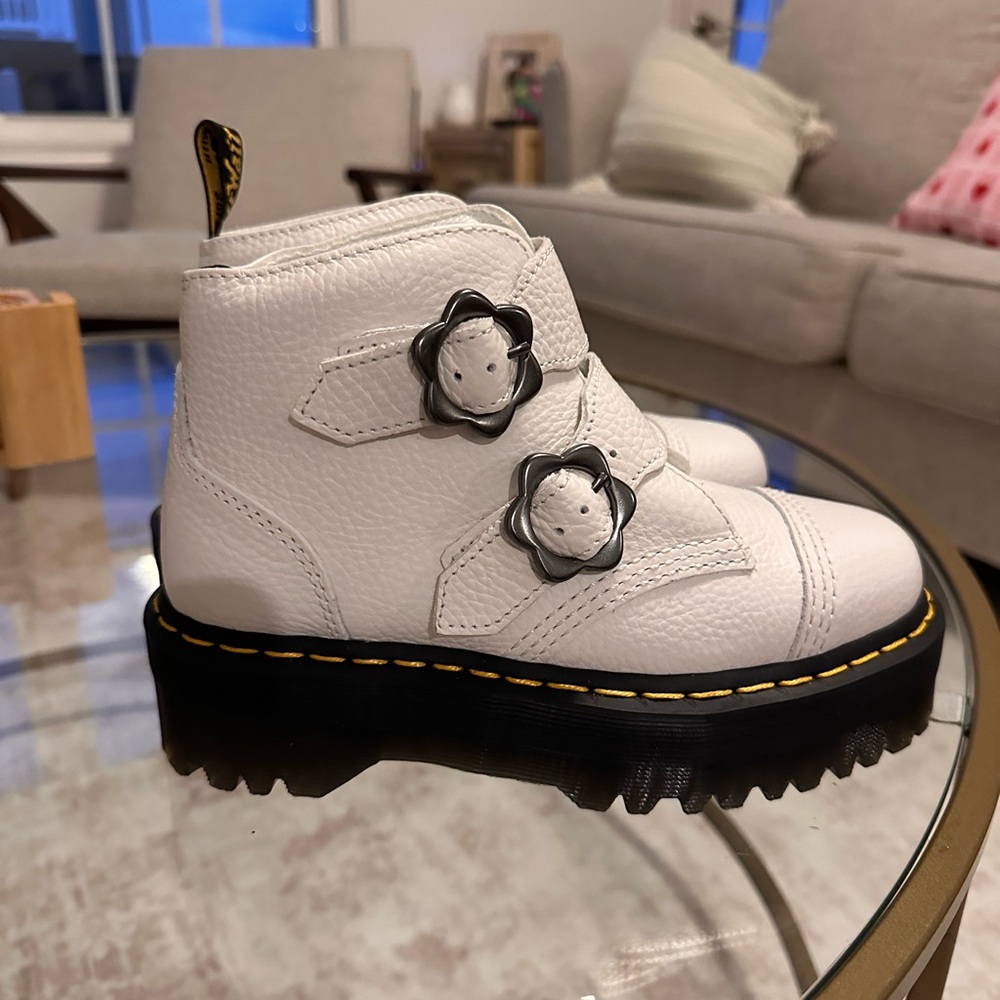 Dr. Martens White Boots with Flower Buckle Detail Platform